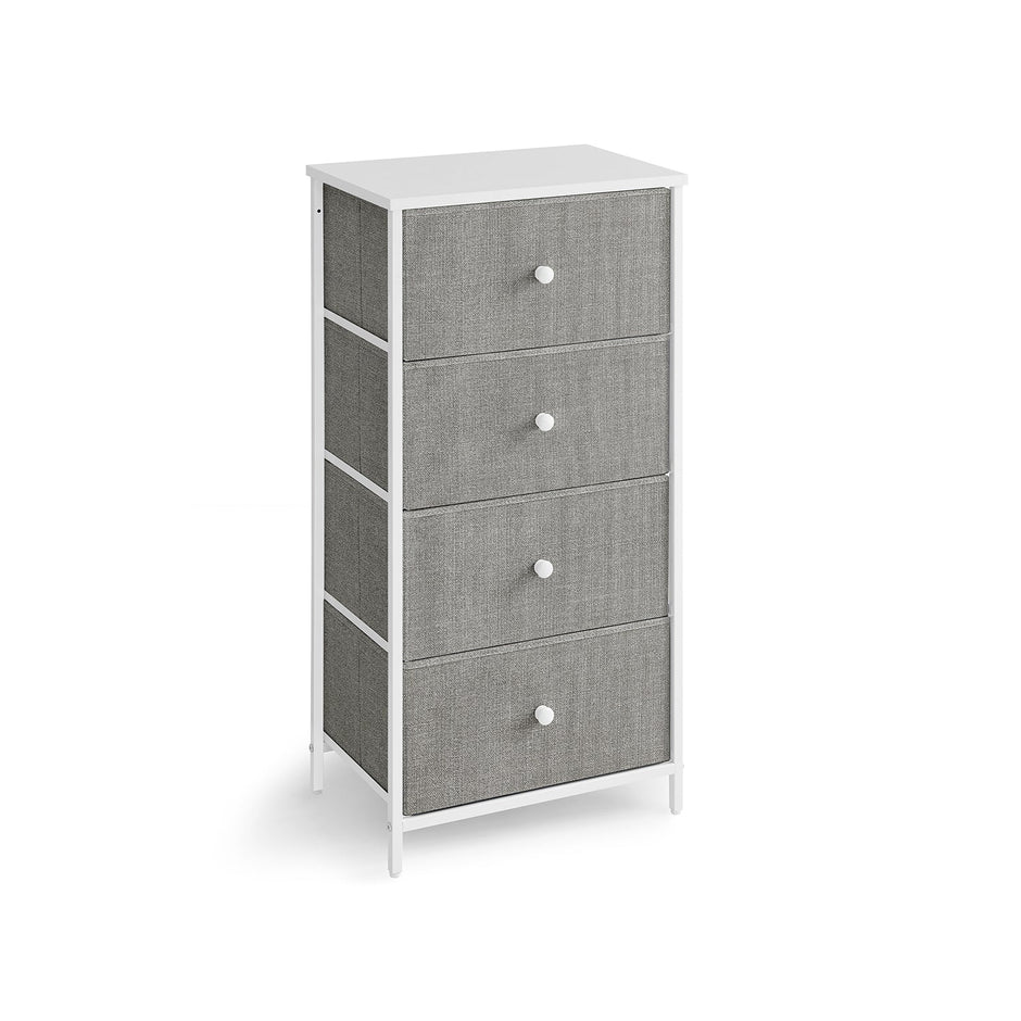 Chest of Drawers – Fabric and Metal – Light Grey and White – Slim Design with 4 Drawers