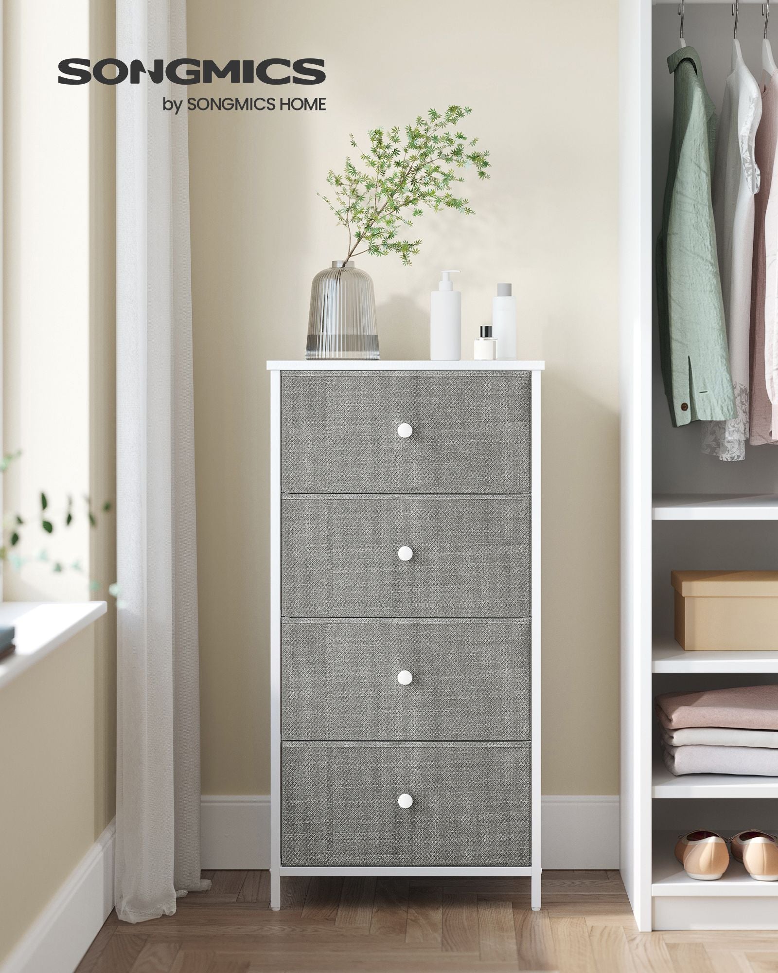 Chest of Drawers – Fabric and Metal – Light Grey and White – Slim Design with 4 Drawers