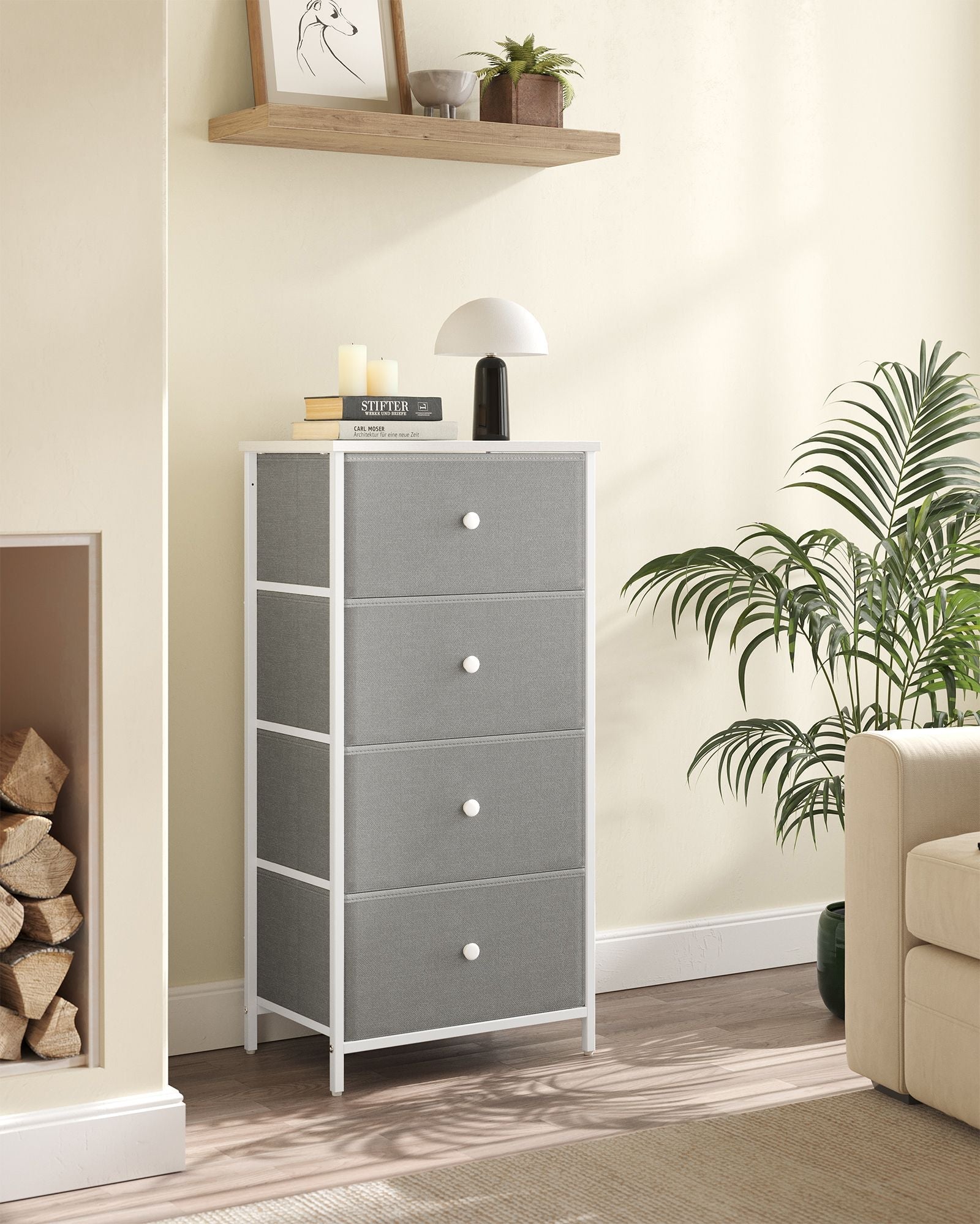 Chest of Drawers – Fabric and Metal – Light Grey and White – Slim Design with 4 Drawers