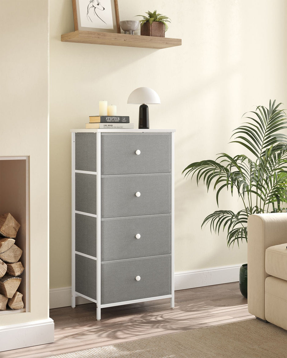 Chest of Drawers – Fabric and Metal – Light Grey and White – Slim Design with 4 Drawers
