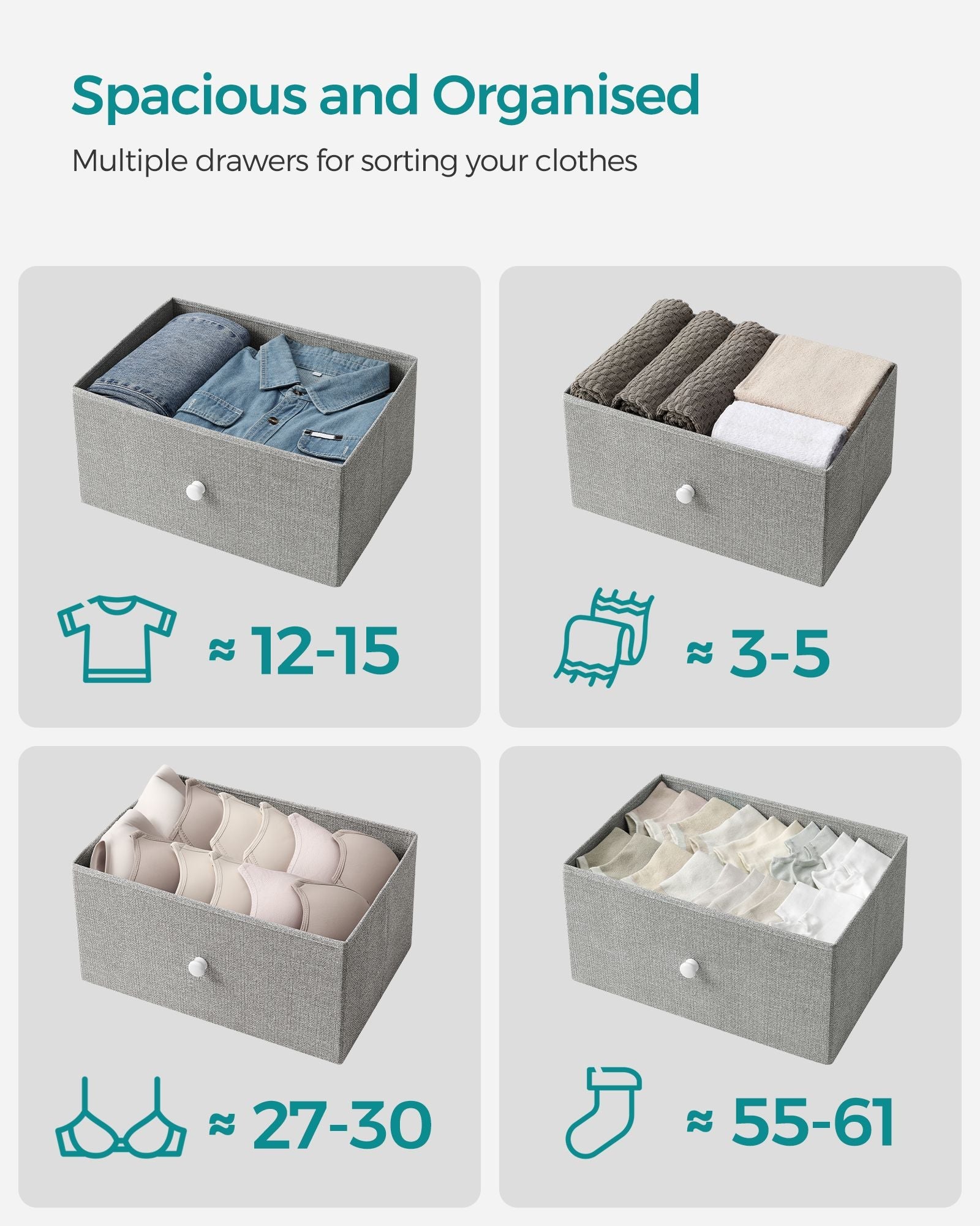 Chest of Drawers – Fabric and Metal – Light Grey and White – Slim Design with 4 Drawers