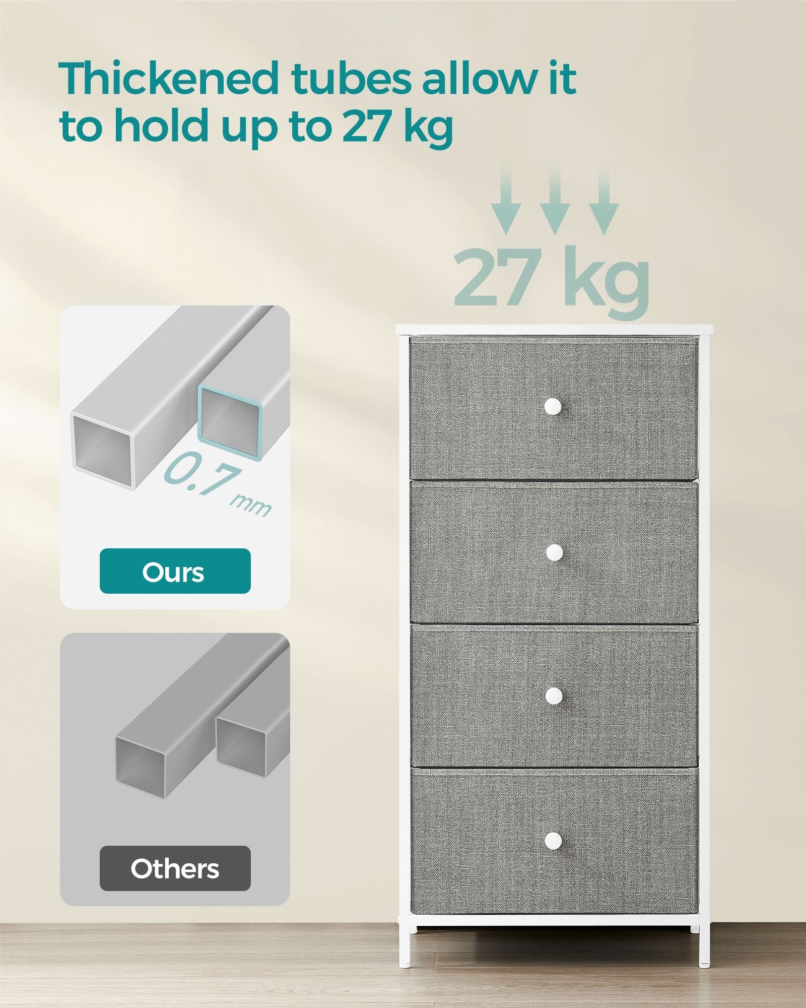 Chest of Drawers – Fabric and Metal – Light Grey and White – Slim Design with 4 Drawers