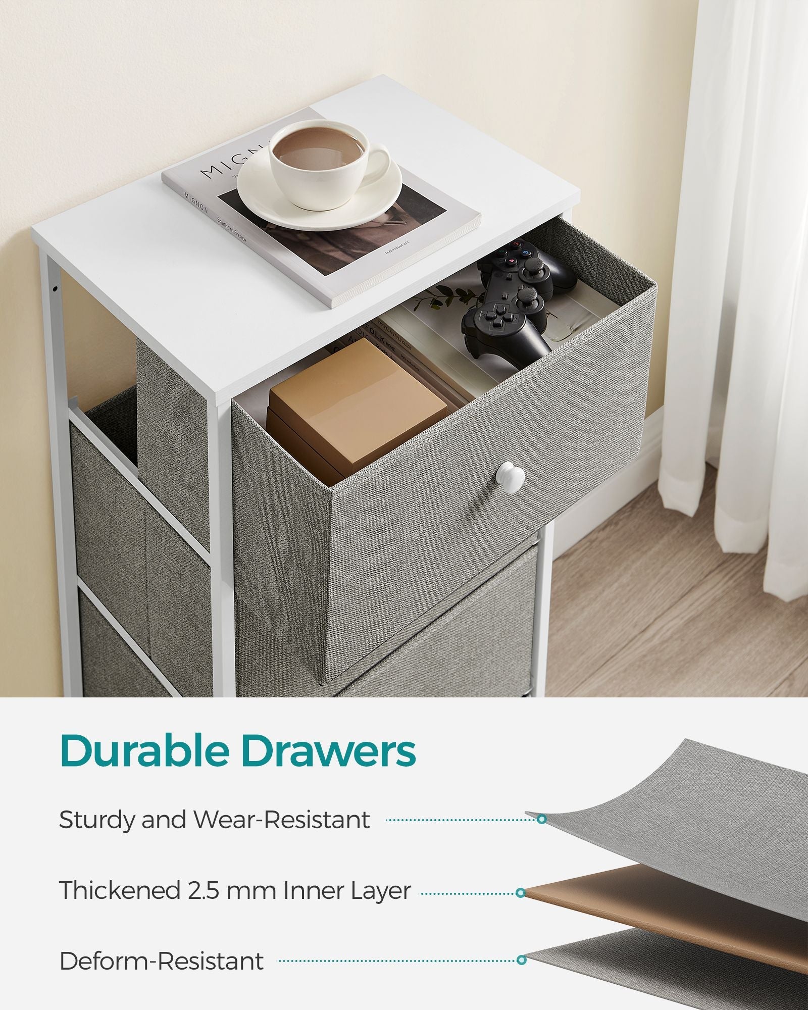 Chest of Drawers – Fabric and Metal – Light Grey and White – Slim Design with 4 Drawers