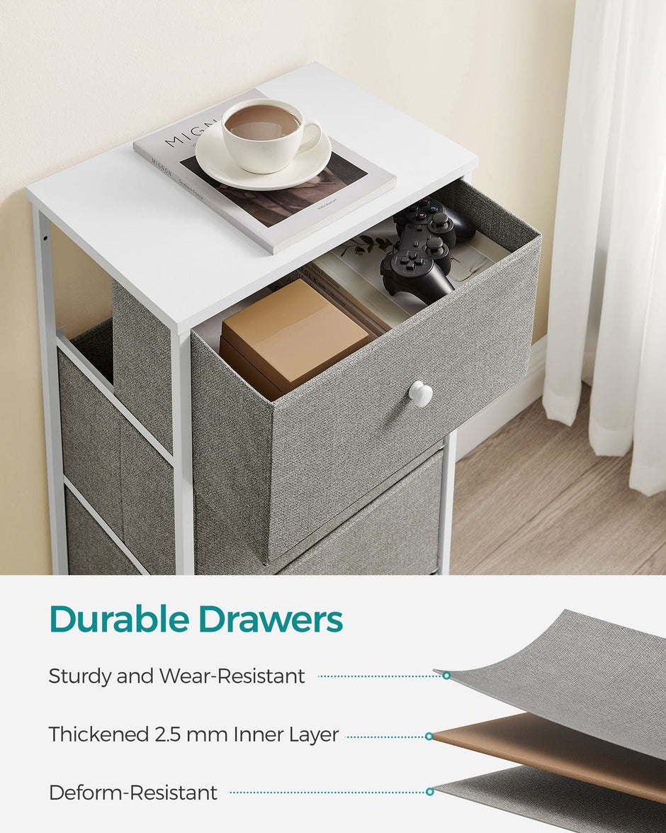 Chest of Drawers – Fabric and Metal – Light Grey and White – Slim Design with 4 Drawers