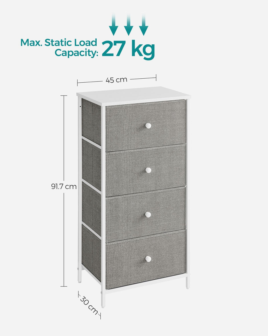 Chest of Drawers – Fabric and Metal – Light Grey and White – Slim Design with 4 Drawers
