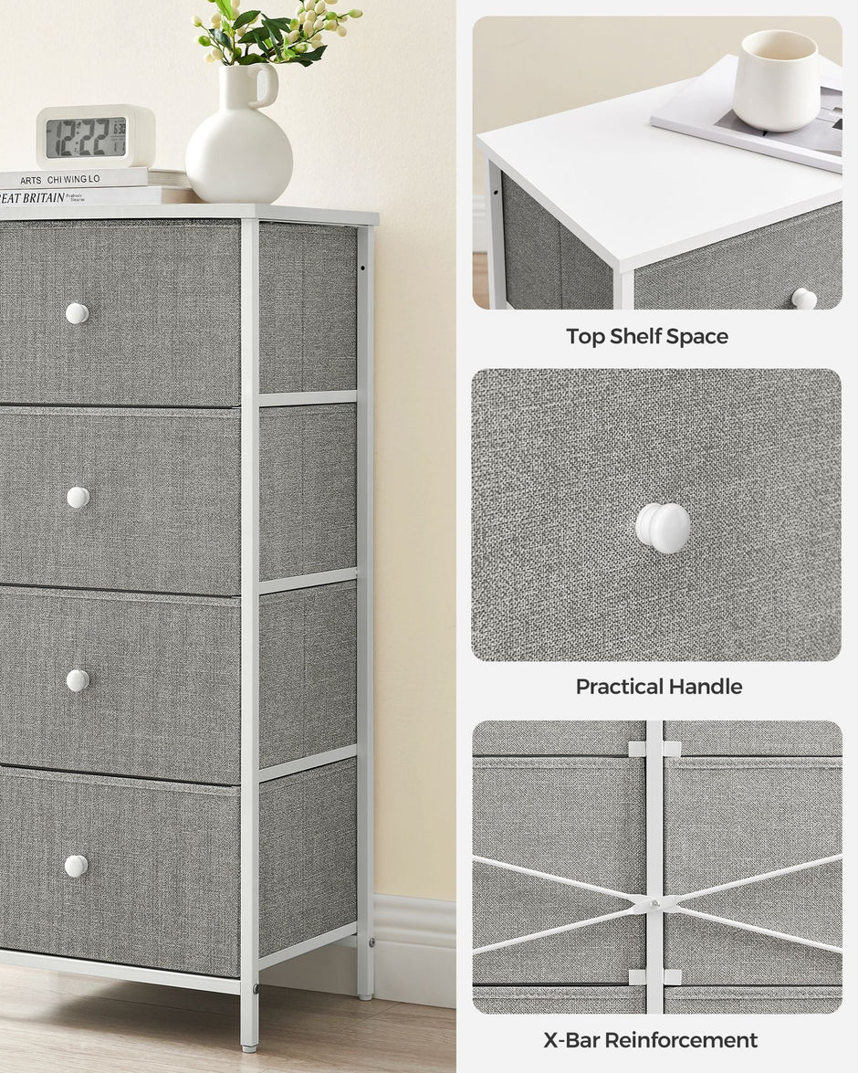Chest of Drawers – Fabric and Metal – Light Grey and White – Slim Design with 4 Drawers