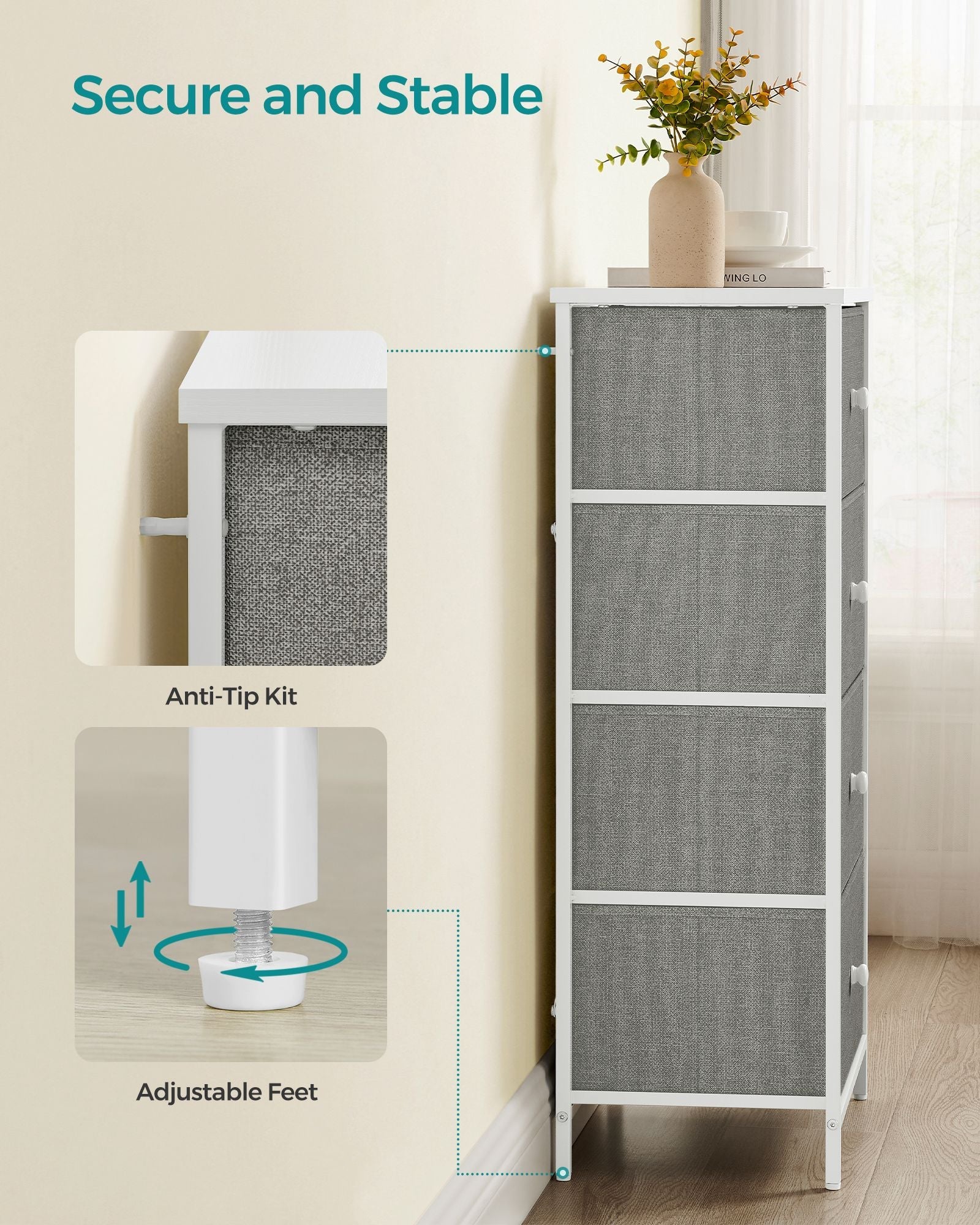 Chest of Drawers – Fabric and Metal – Light Grey and White – Slim Design with 4 Drawers