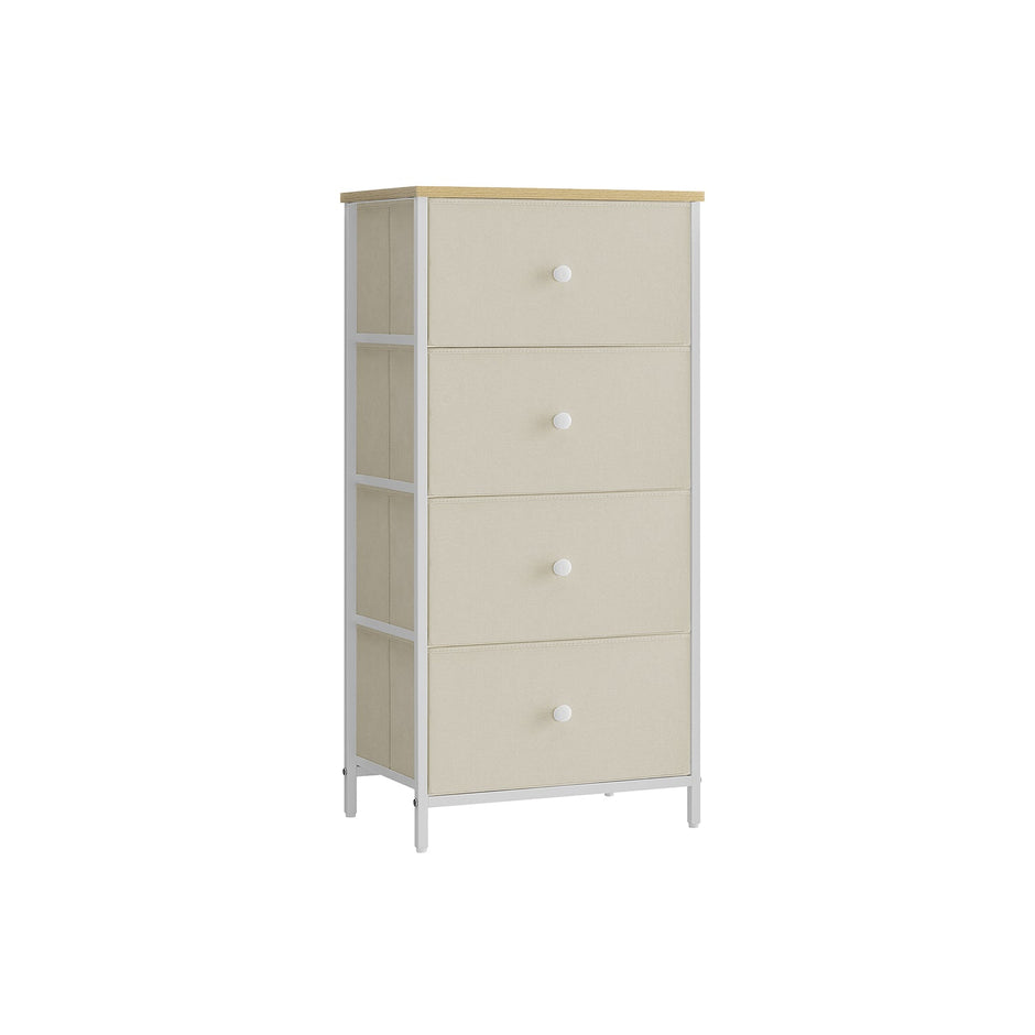 Chest of Drawers – Metal and Fabric – Light Grey and White – Slim Design with 4 Drawers