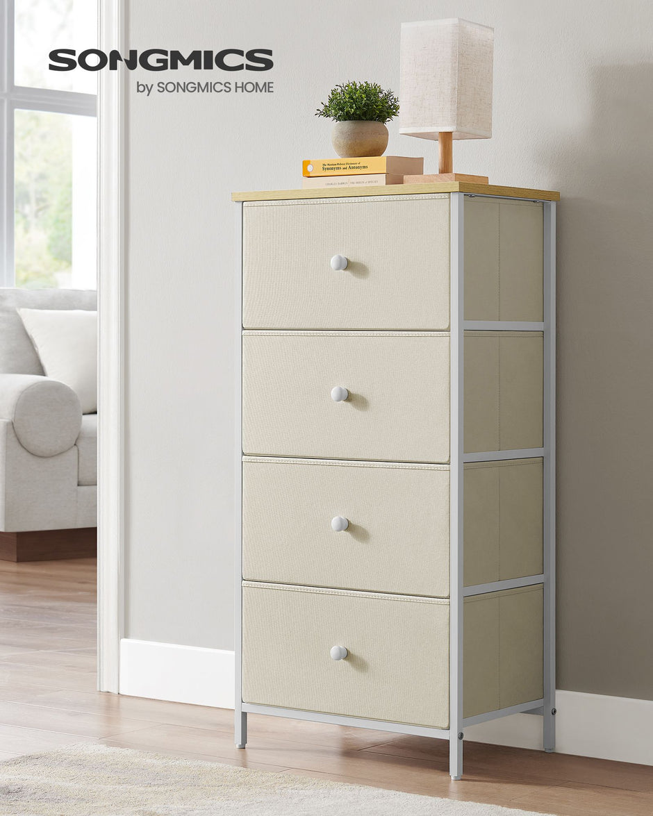 Chest of Drawers – Metal and Fabric – Light Grey and White – Slim Design with 4 Drawers