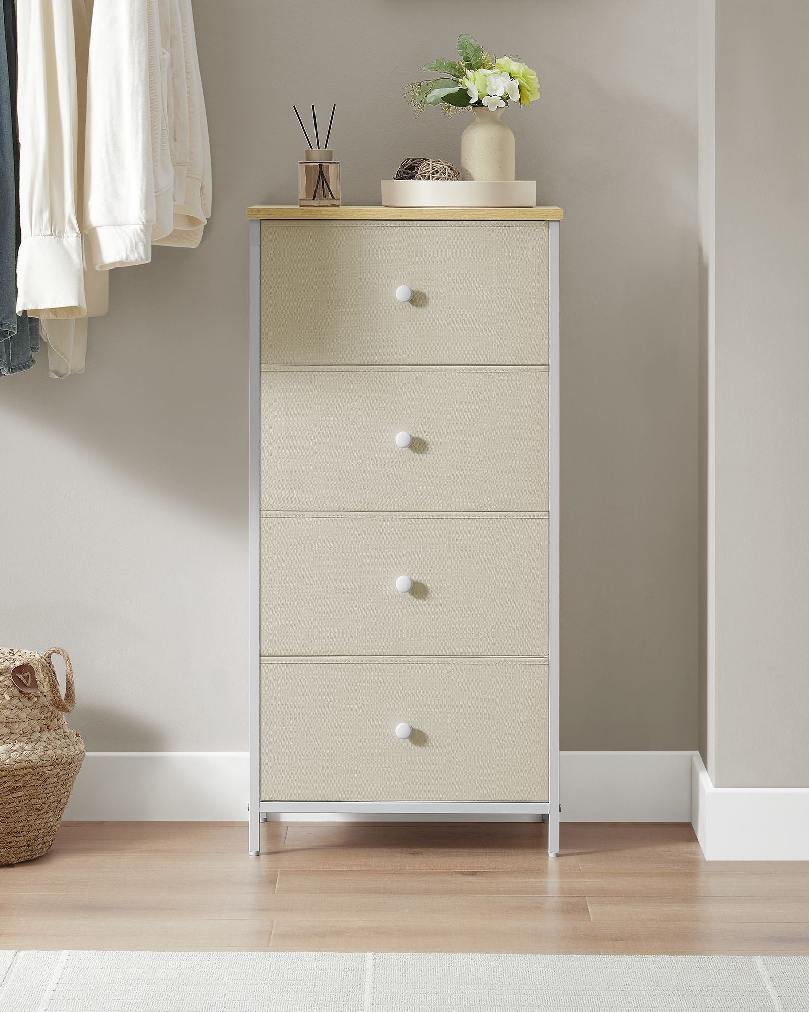 Chest of Drawers – Metal and Fabric – Light Grey and White – Slim Design with 4 Drawers