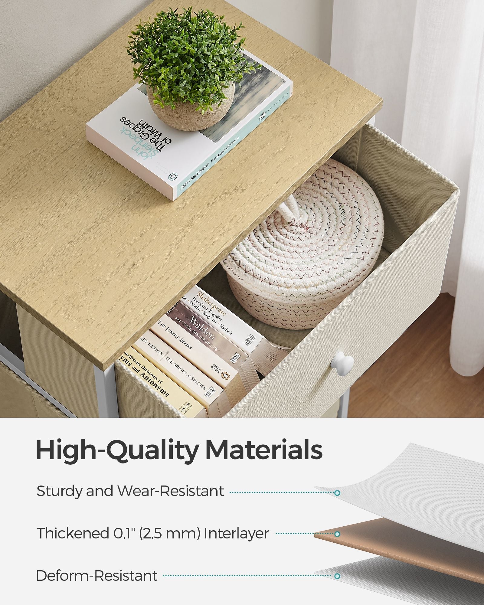 Chest of Drawers – Metal and Fabric – Light Grey and White – Slim Design with 4 Drawers