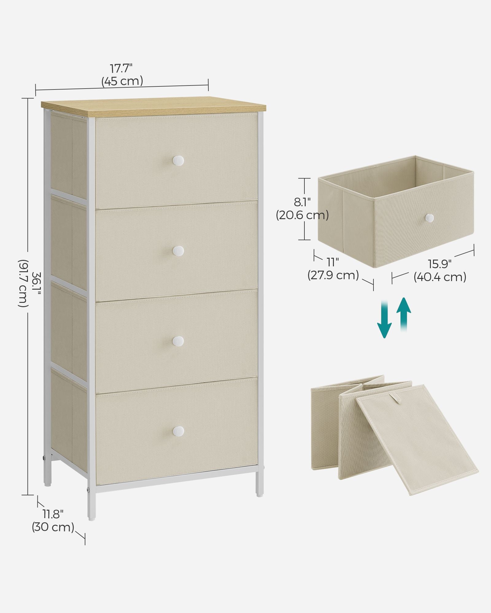 Chest of Drawers – Metal and Fabric – Light Grey and White – Slim Design with 4 Drawers
