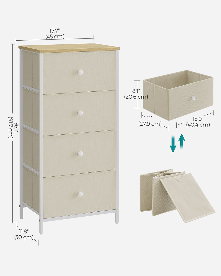 Chest of Drawers – Metal and Fabric – Light Grey and White – Slim Design with 4 Drawers