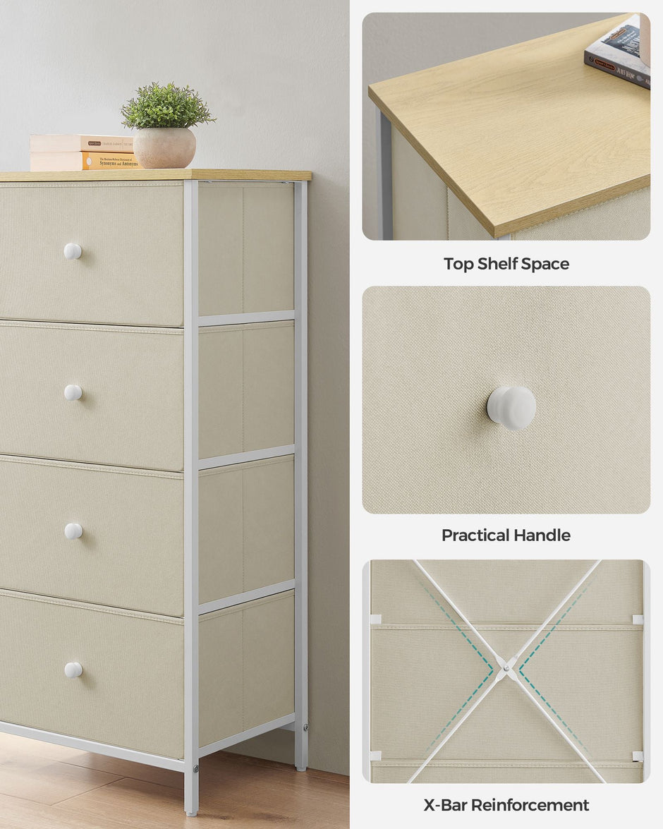 Chest of Drawers – Metal and Fabric – Light Grey and White – Slim Design with 4 Drawers