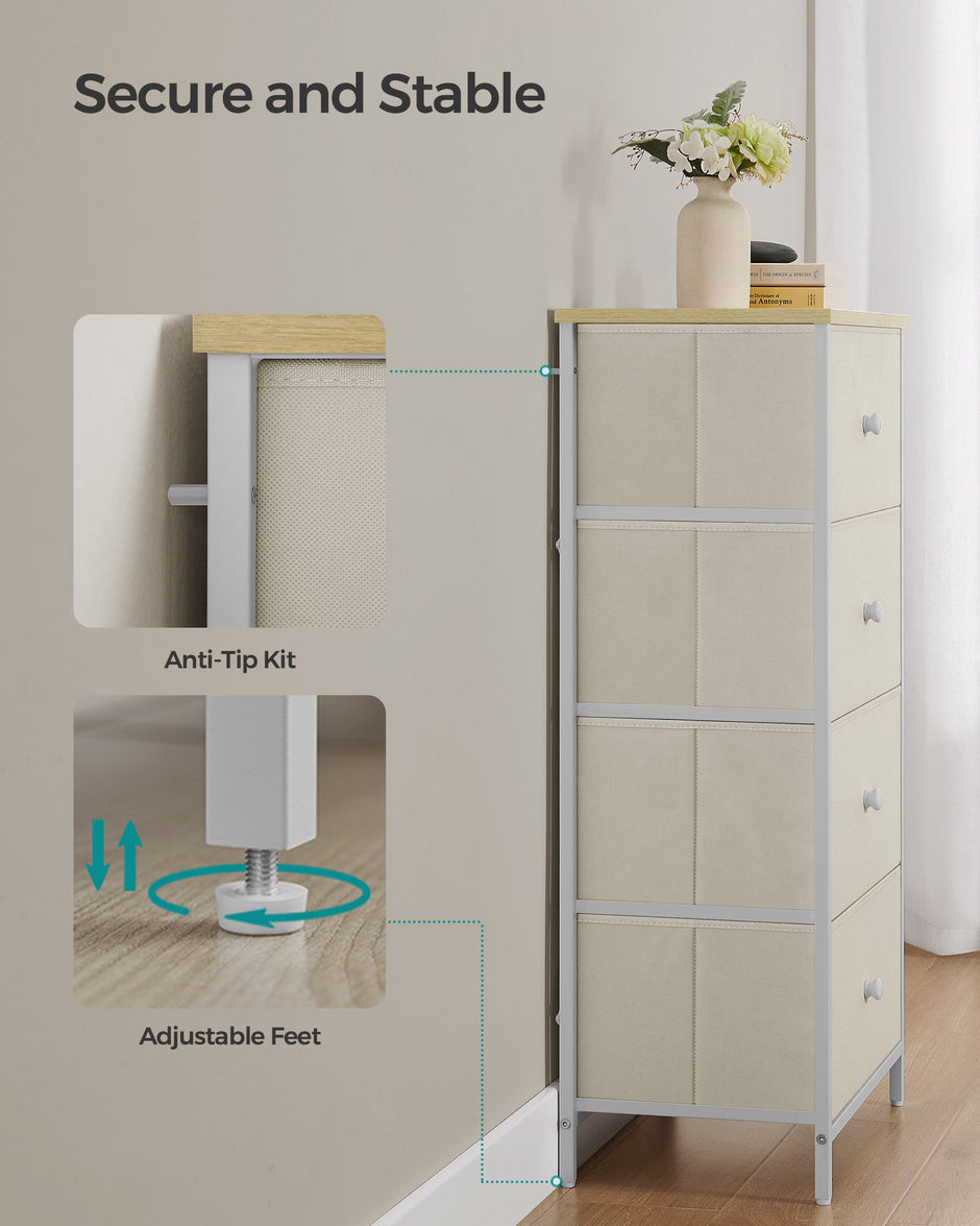 Chest of Drawers – Metal and Fabric – Light Grey and White – Slim Design with 4 Drawers