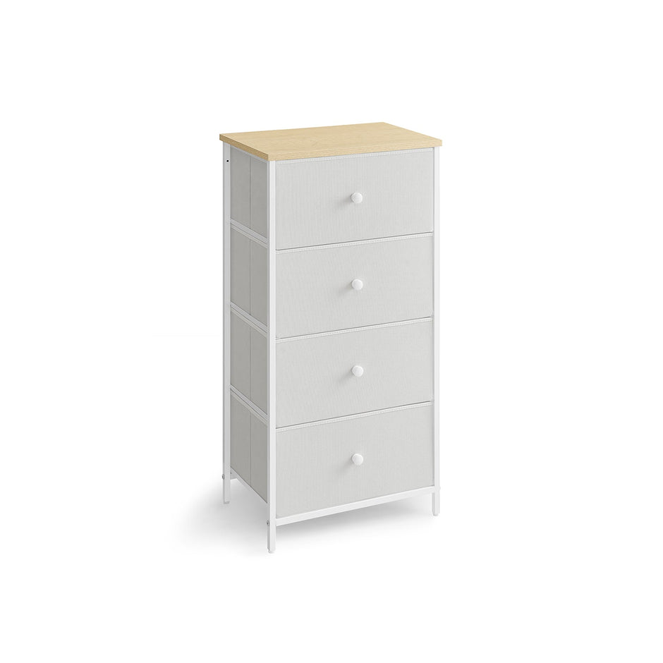 Chest of Drawers – Fabric and Metal – Light Grey and White – Tall and Slim Design with 4 Drawers