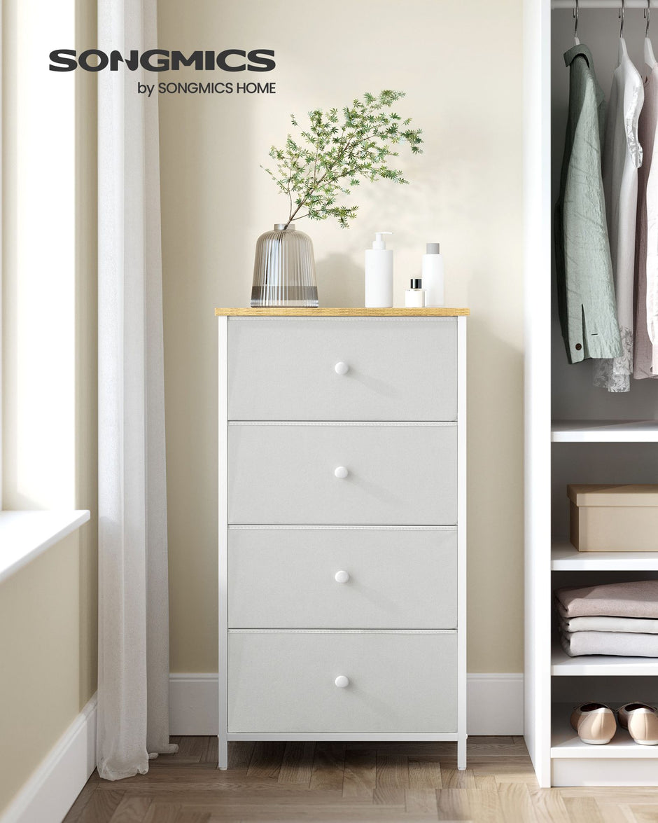 Chest of Drawers – Fabric and Metal – Light Grey and White – Tall and Slim Design with 4 Drawers