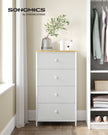 Chest of Drawers – Fabric and Metal – Light Grey and White – Tall and Slim Design with 4 Drawers