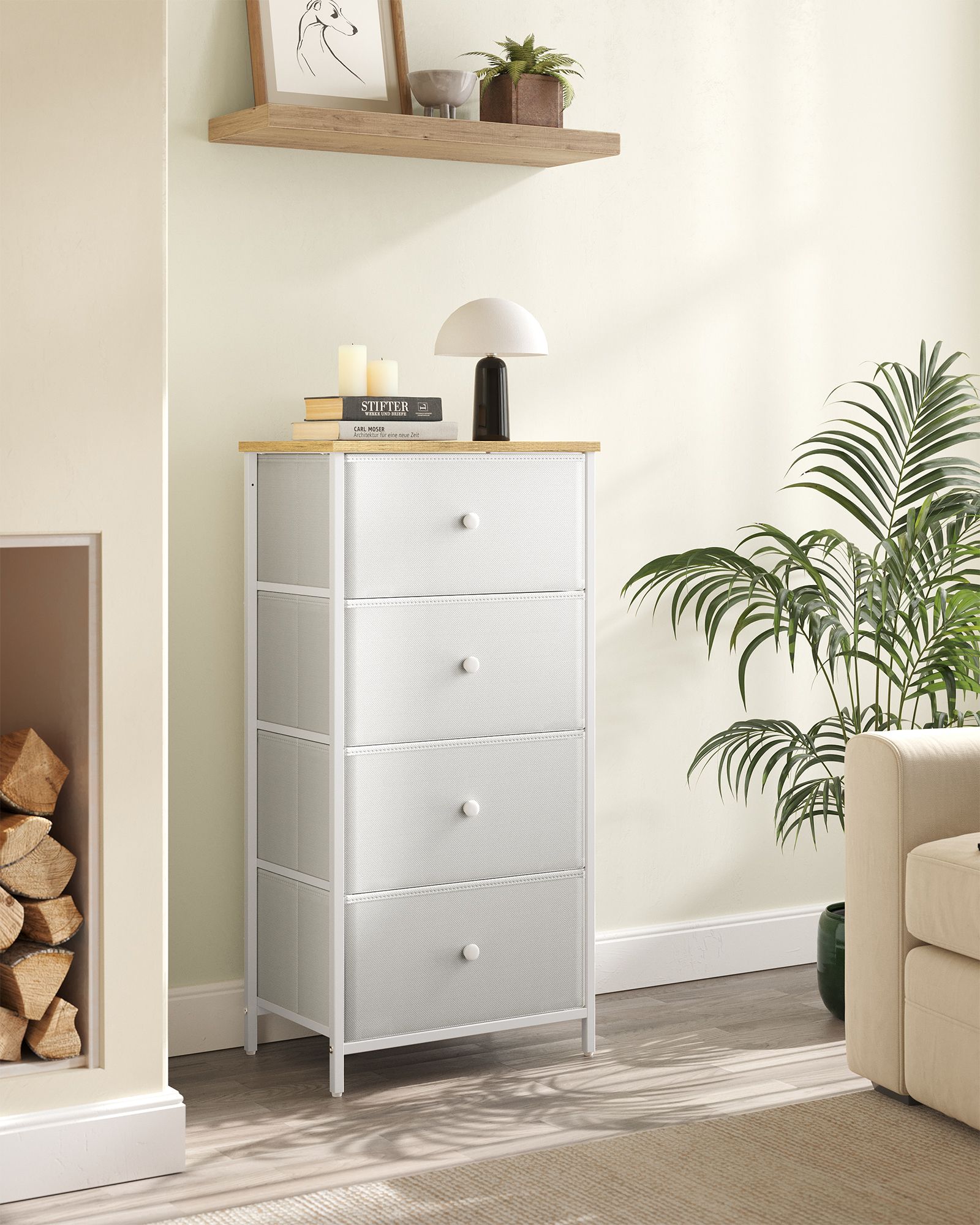 Chest of Drawers – Fabric and Metal – Light Grey and White – Tall and Slim Design with 4 Drawers