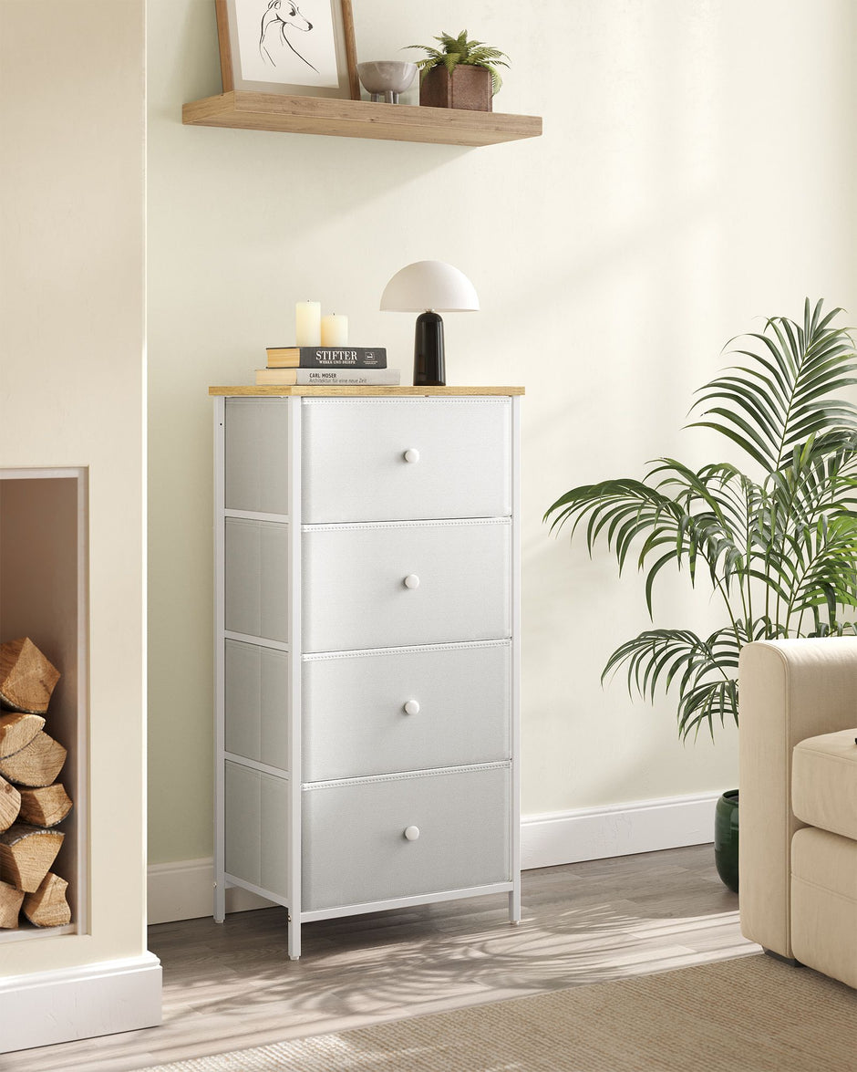 Chest of Drawers – Fabric and Metal – Light Grey and White – Tall and Slim Design with 4 Drawers