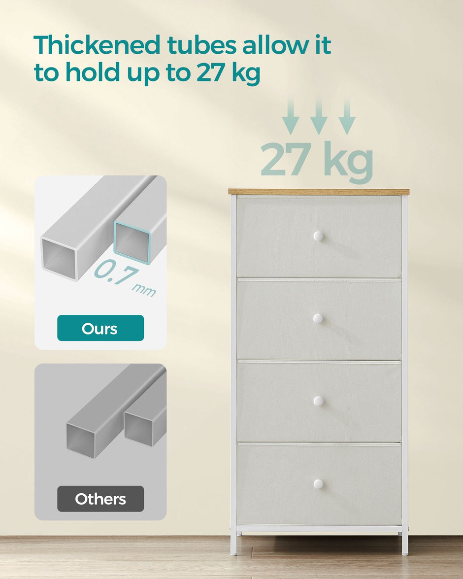Chest of Drawers – Fabric and Metal – Light Grey and White – Tall and Slim Design with 4 Drawers