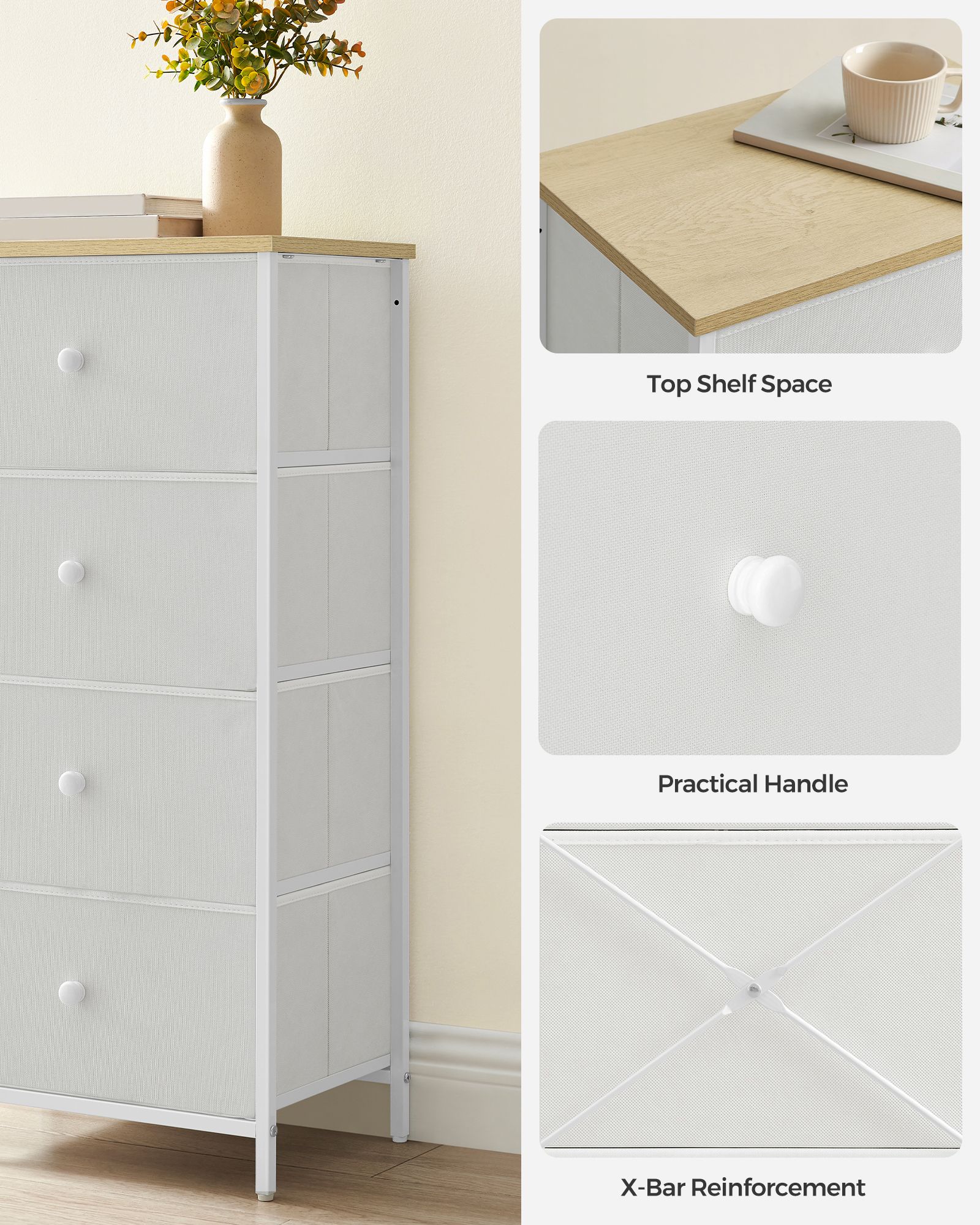 Chest of Drawers – Fabric and Metal – Light Grey and White – Tall and Slim Design with 4 Drawers