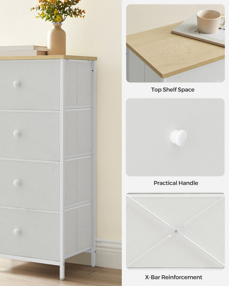 Chest of Drawers – Fabric and Metal – Light Grey and White – Tall and Slim Design with 4 Drawers