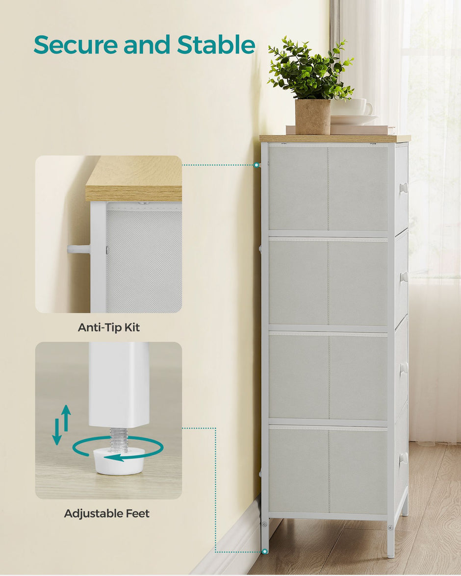 Chest of Drawers – Fabric and Metal – Light Grey and White – Tall and Slim Design with 4 Drawers