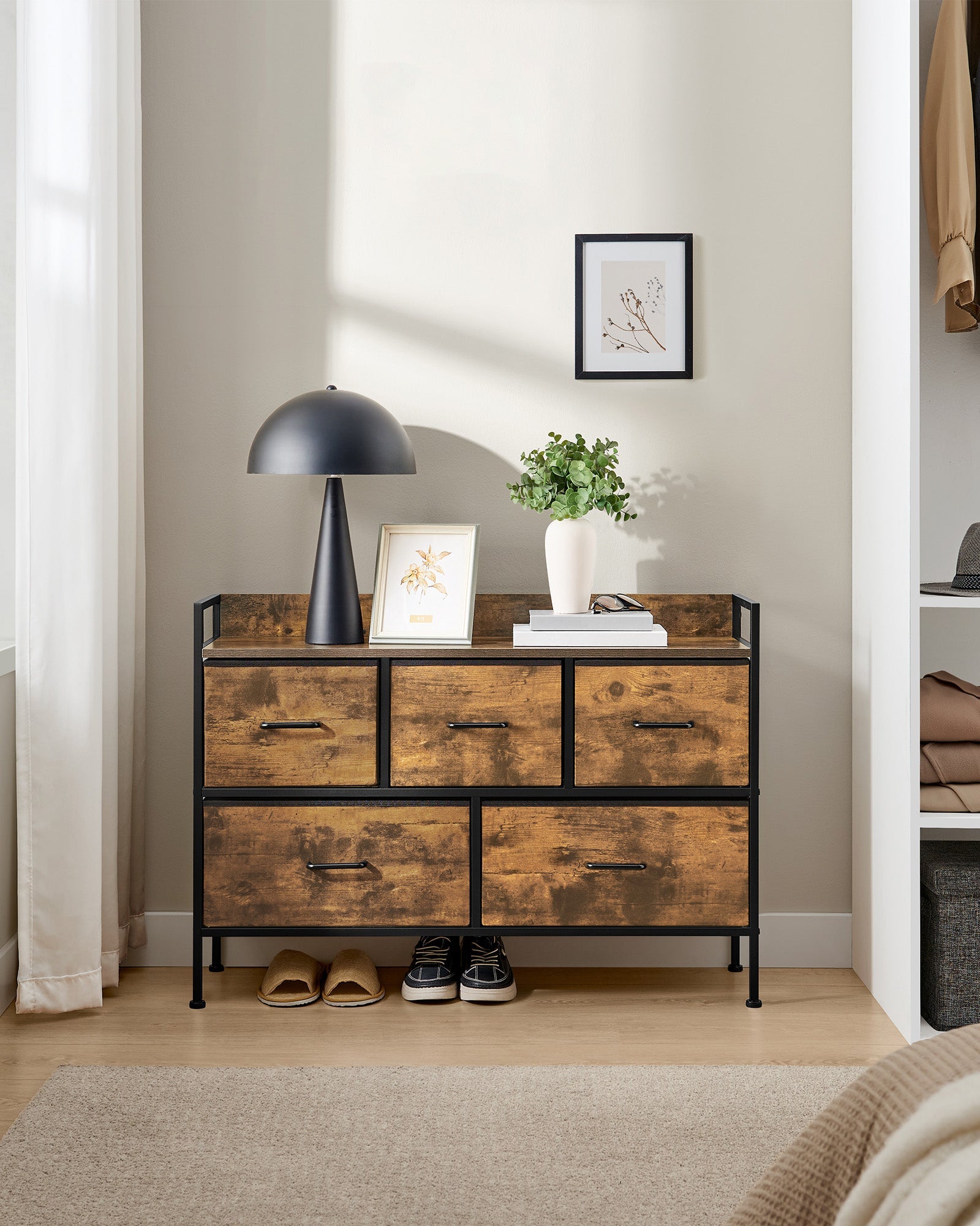 Chest of Drawers – Fabric and Metal – Rustic Brown and Ink Black – 7 Spacious Drawers