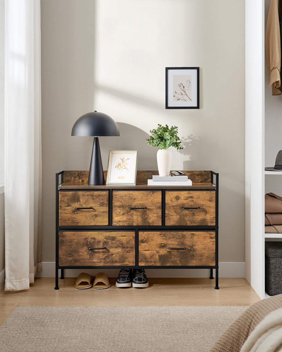 Chest of Drawers – Fabric and Metal – Rustic Brown and Ink Black – 7 Spacious Drawers