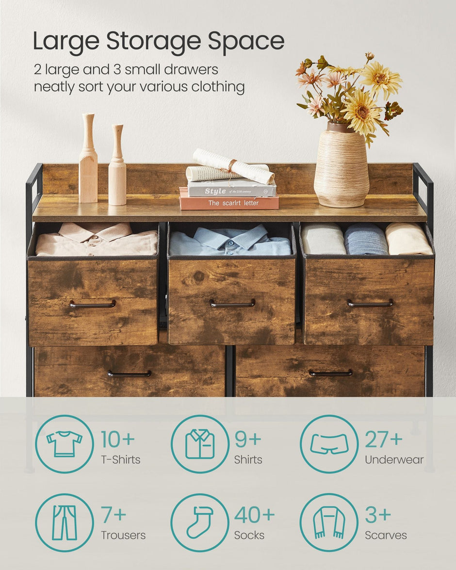 Chest of Drawers – Fabric and Metal – Rustic Brown and Ink Black – 7 Spacious Drawers