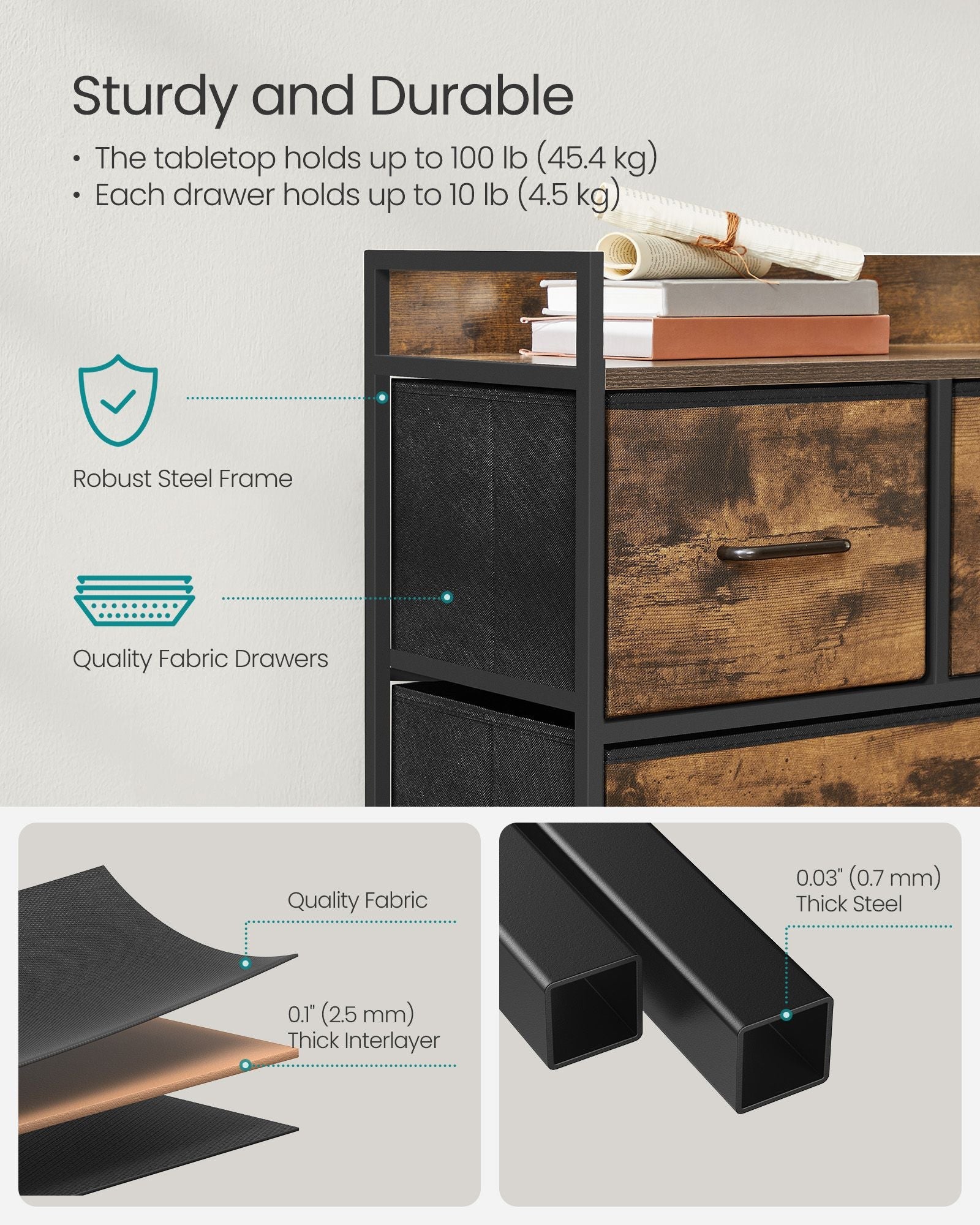 Chest of Drawers – Fabric and Metal – Rustic Brown and Ink Black – 7 Spacious Drawers