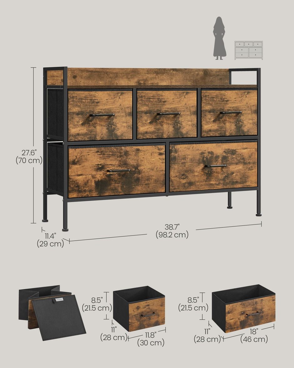 Chest of Drawers – Fabric and Metal – Rustic Brown and Ink Black – 7 Spacious Drawers