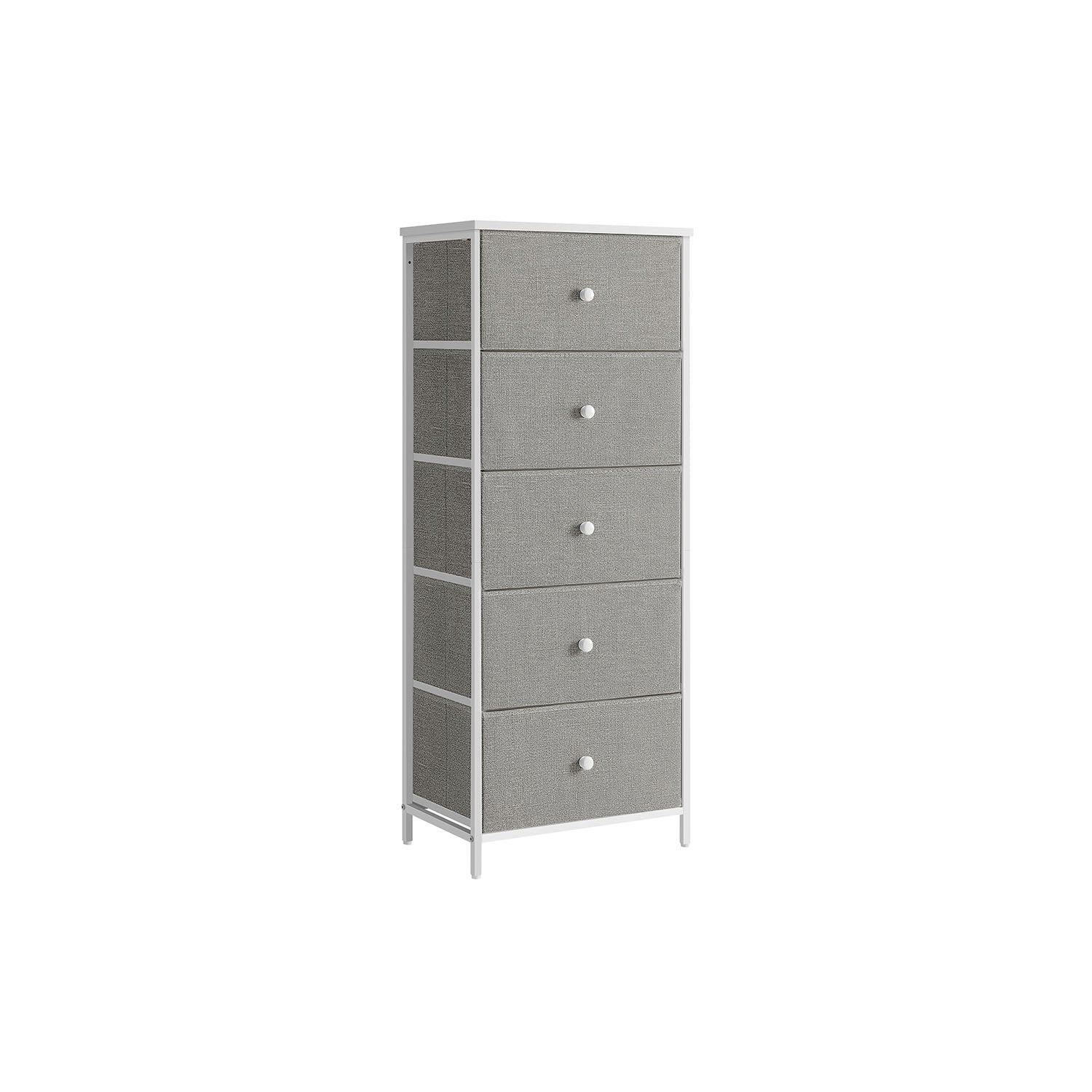 Chest of Drawers – Metal Frame with Fabric Drawers – Dove Grey and Cream White – Tall and Slim Design