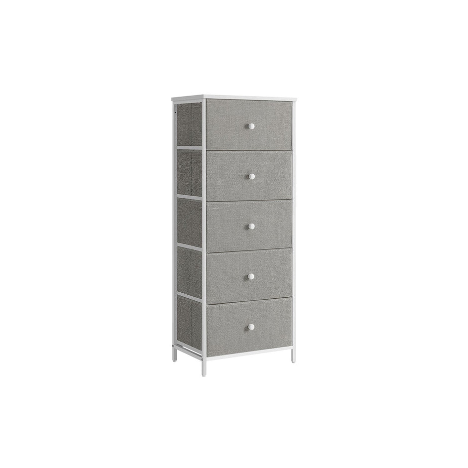 Chest of Drawers – Metal Frame with Fabric Drawers – Dove Grey and Cream White – Tall and Slim Design
