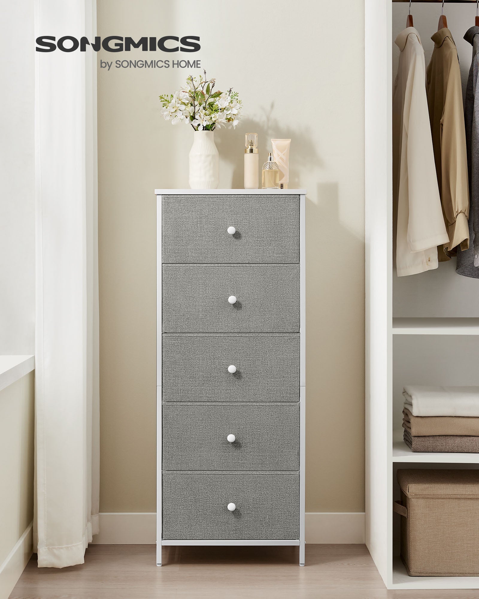 Chest of Drawers – Metal Frame with Fabric Drawers – Dove Grey and Cream White – Tall and Slim Design