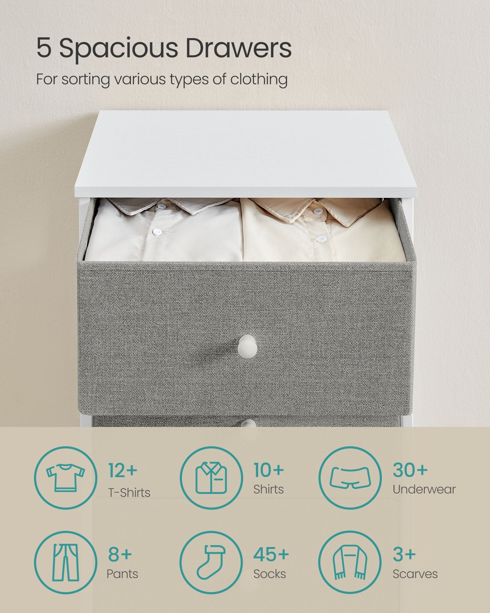 Chest of Drawers – Metal Frame with Fabric Drawers – Dove Grey and Cream White – Tall and Slim Design