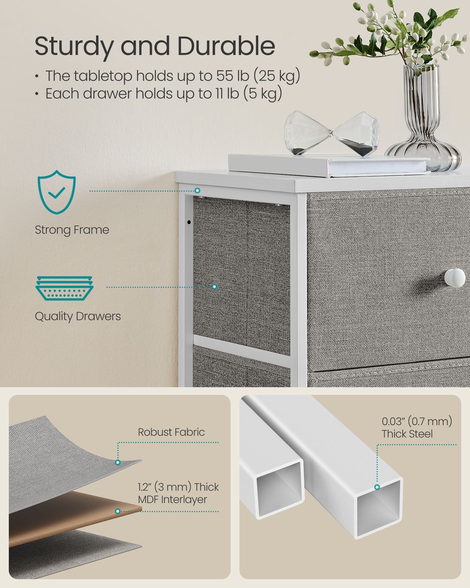 Chest of Drawers – Metal Frame with Fabric Drawers – Dove Grey and Cream White – Tall and Slim Design
