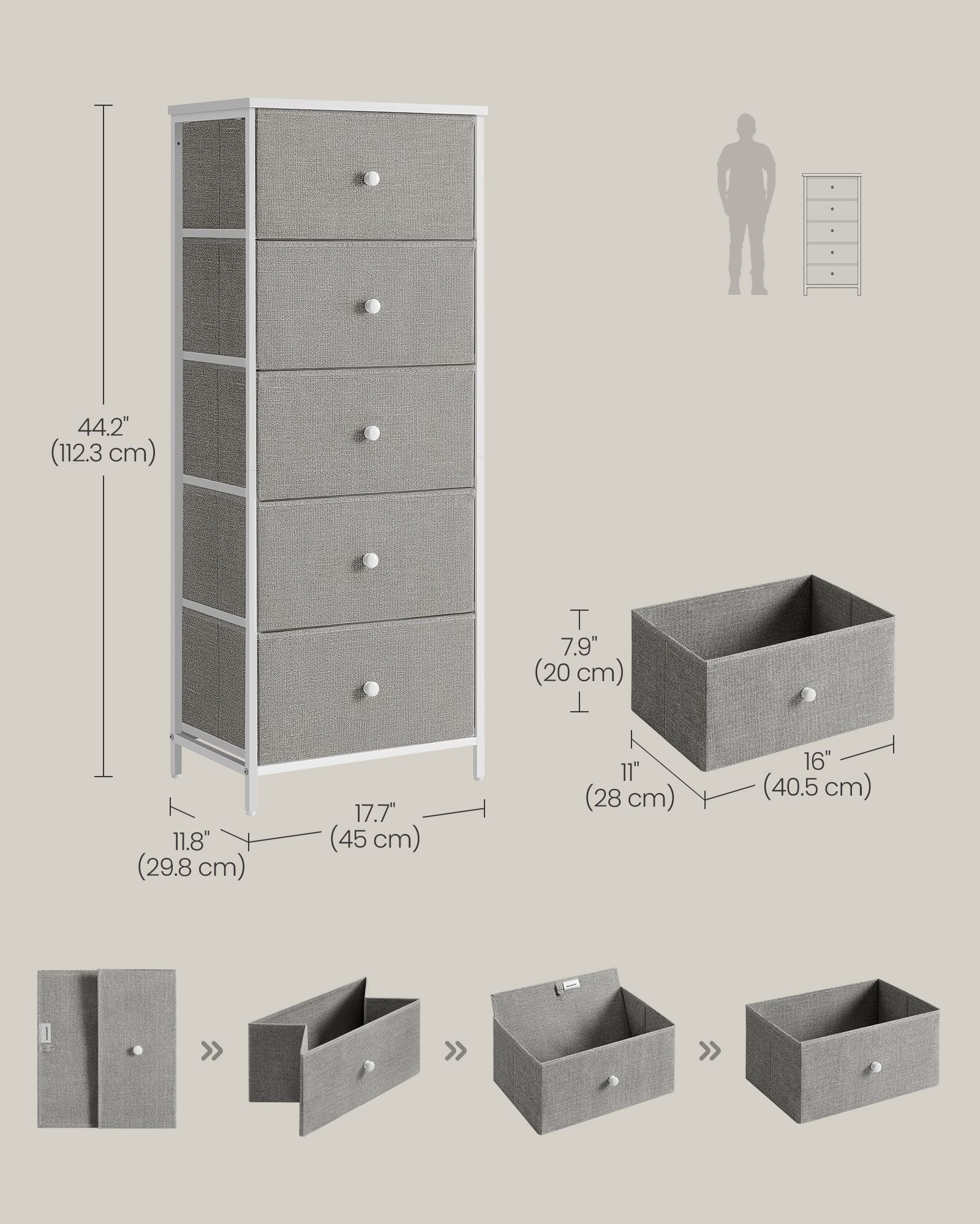 Chest of Drawers – Metal Frame with Fabric Drawers – Dove Grey and Cream White – Tall and Slim Design