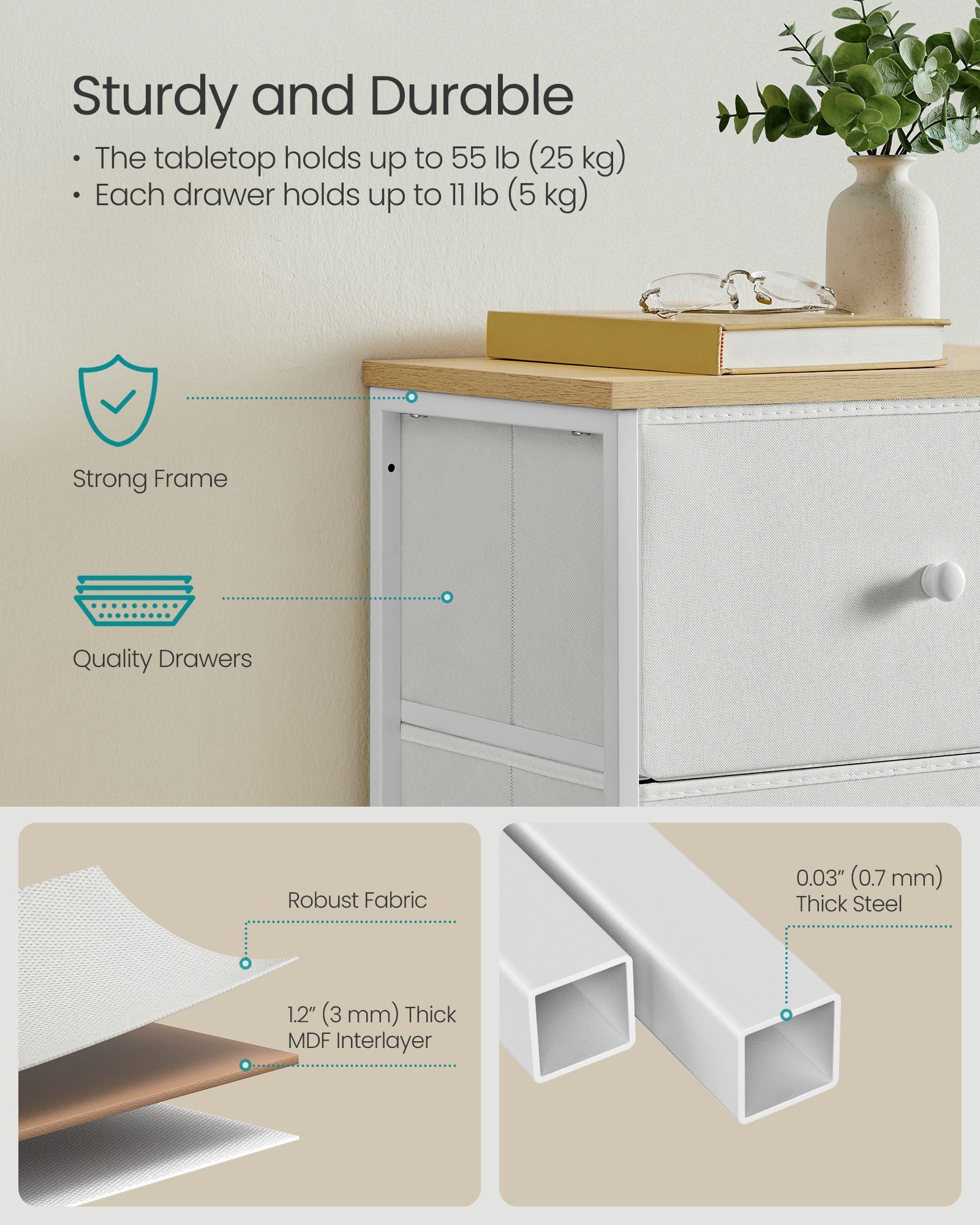Chest of Drawers – Fabric and Metal – Camel Yellow and Cream White – 4-Drawer Slim Design