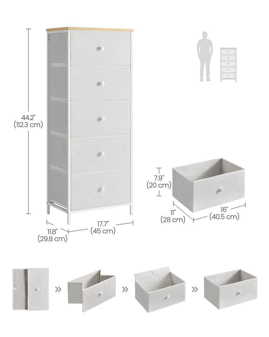 Chest of Drawers – Fabric and Metal – Camel Yellow and Cream White – 4-Drawer Slim Design