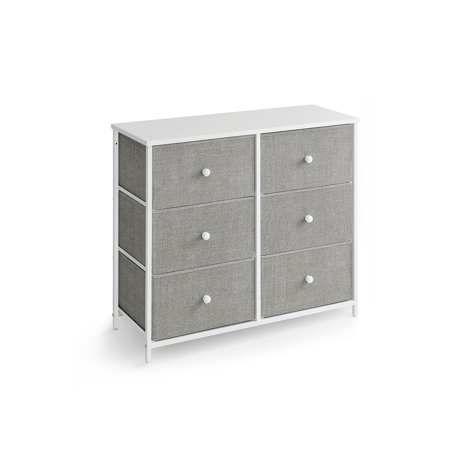 Chest of Drawers – Fabric and Metal – Light Grey and White – 6 Drawer Storage Organizer with Wooden Front and Top
