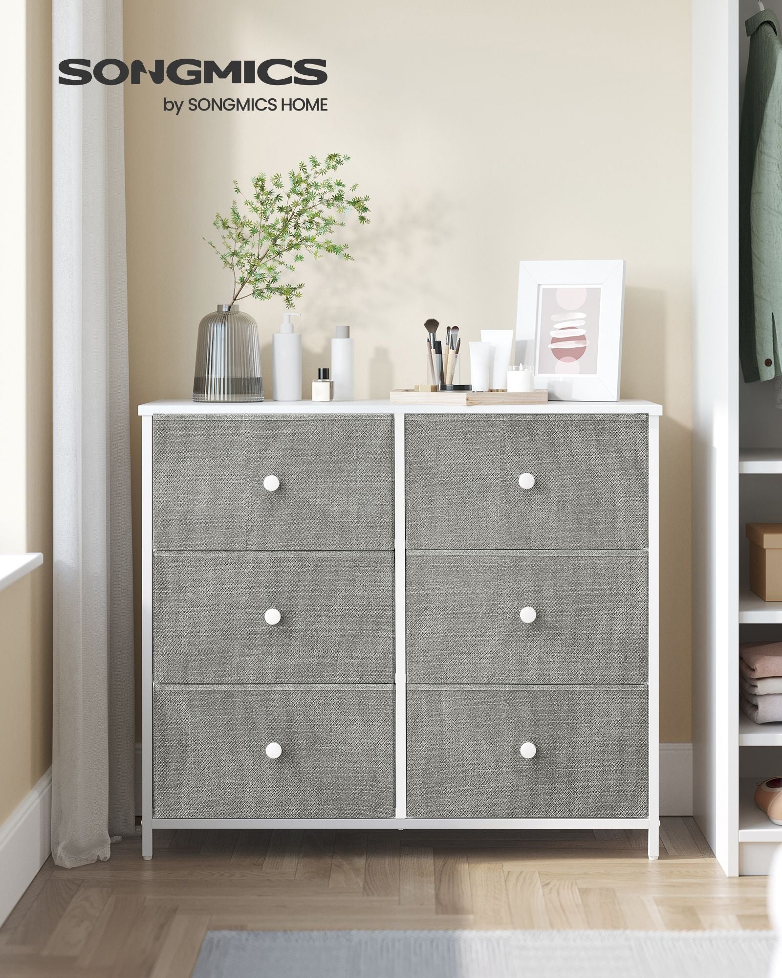 Chest of Drawers – Fabric and Metal – Light Grey and White – 6 Drawer Storage Organizer with Wooden Front and Top