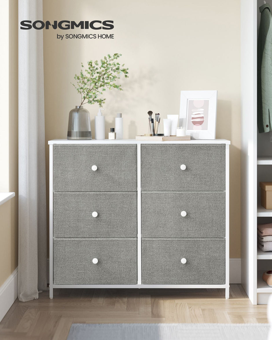 Chest of Drawers – Fabric and Metal – Light Grey and White – 6 Drawer Storage Organizer with Wooden Front and Top