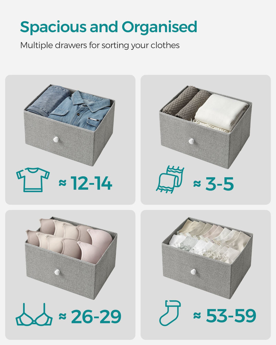 Chest of Drawers – Fabric and Metal – Light Grey and White – 6 Drawer Storage Organizer with Wooden Front and Top