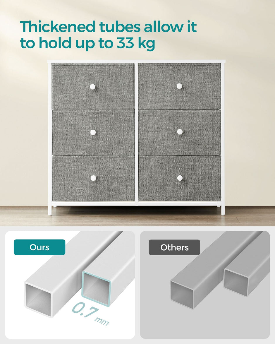 Chest of Drawers – Fabric and Metal – Light Grey and White – 6 Drawer Storage Organizer with Wooden Front and Top