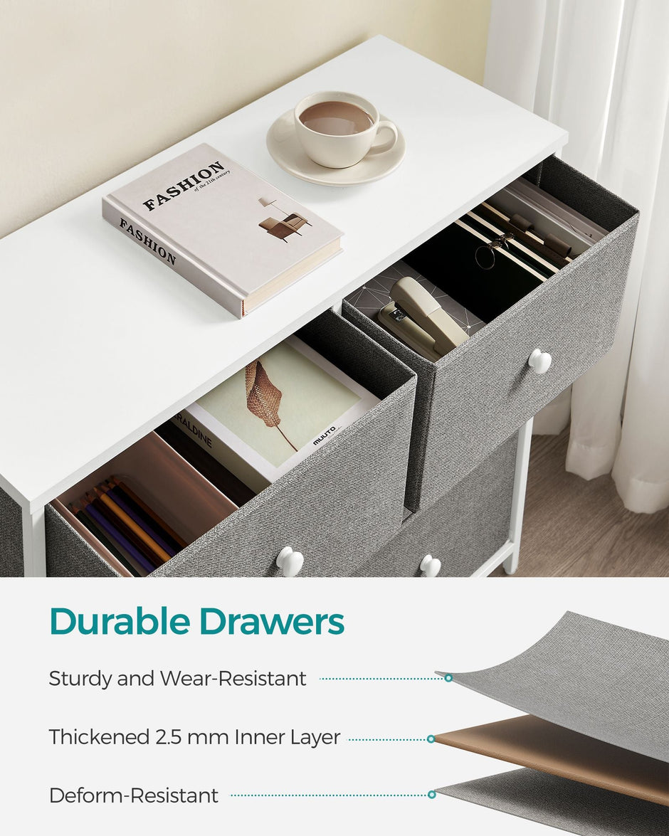 Chest of Drawers – Fabric and Metal – Light Grey and White – 6 Drawer Storage Organizer with Wooden Front and Top