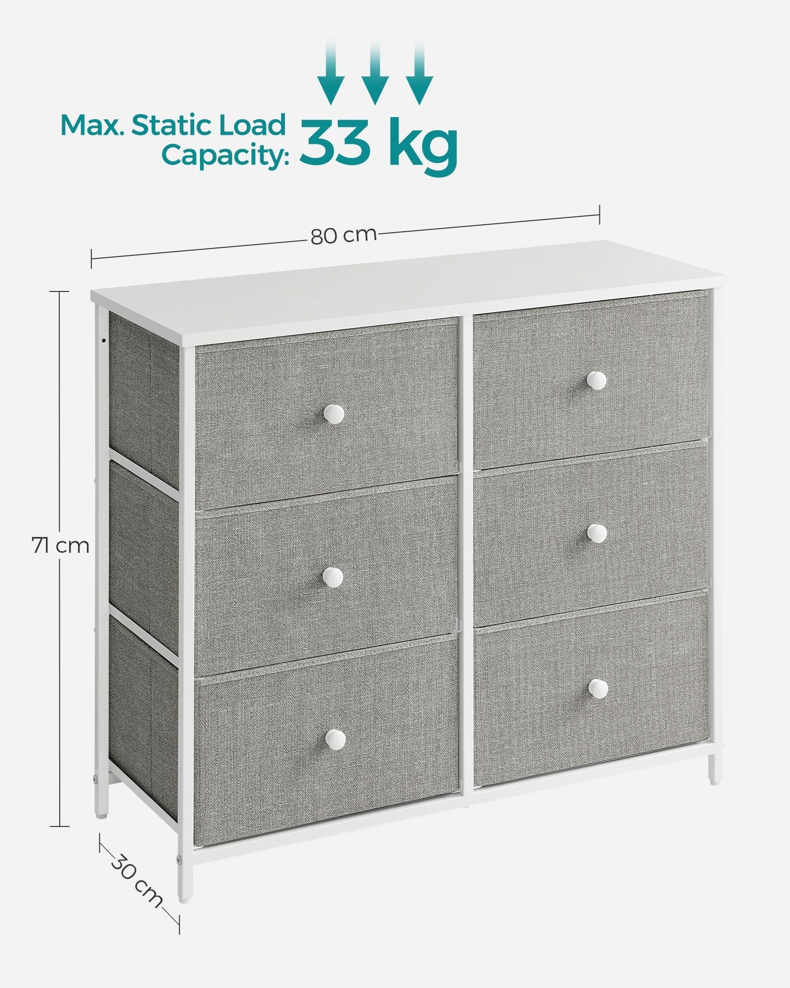Chest of Drawers – Fabric and Metal – Light Grey and White – 6 Drawer Storage Organizer with Wooden Front and Top