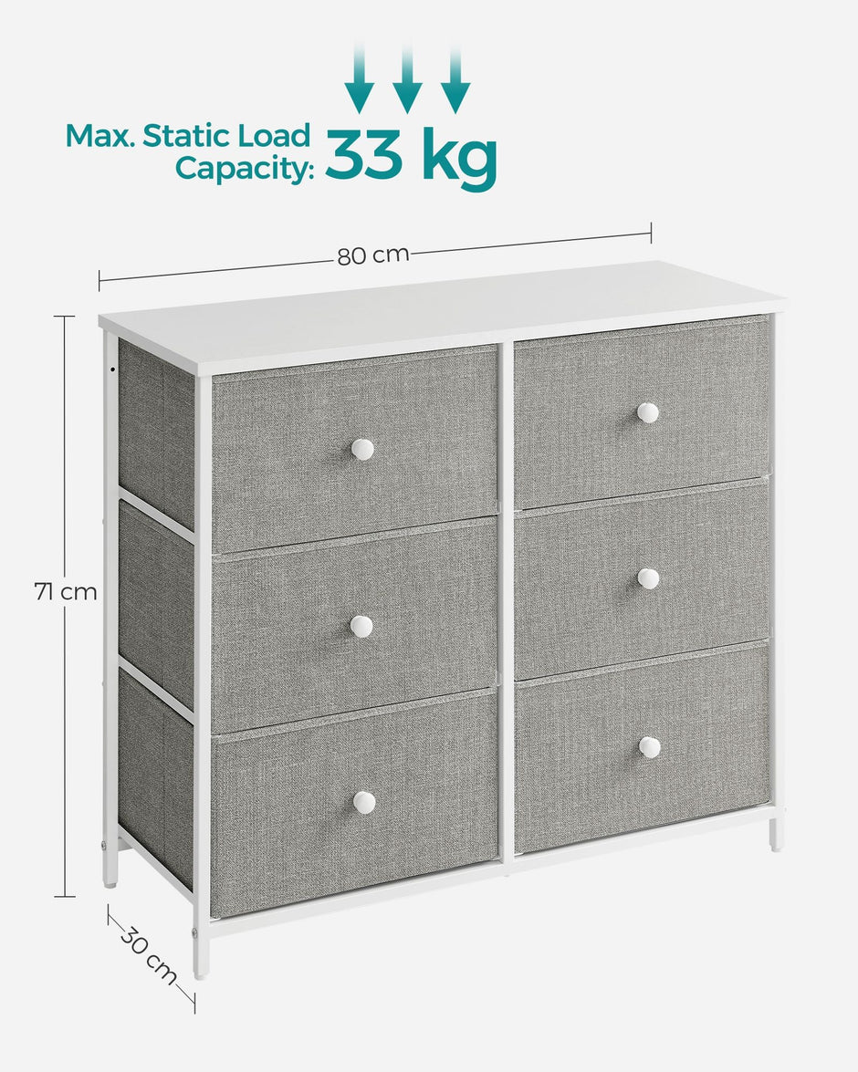 Chest of Drawers – Fabric and Metal – Light Grey and White – 6 Drawer Storage Organizer with Wooden Front and Top