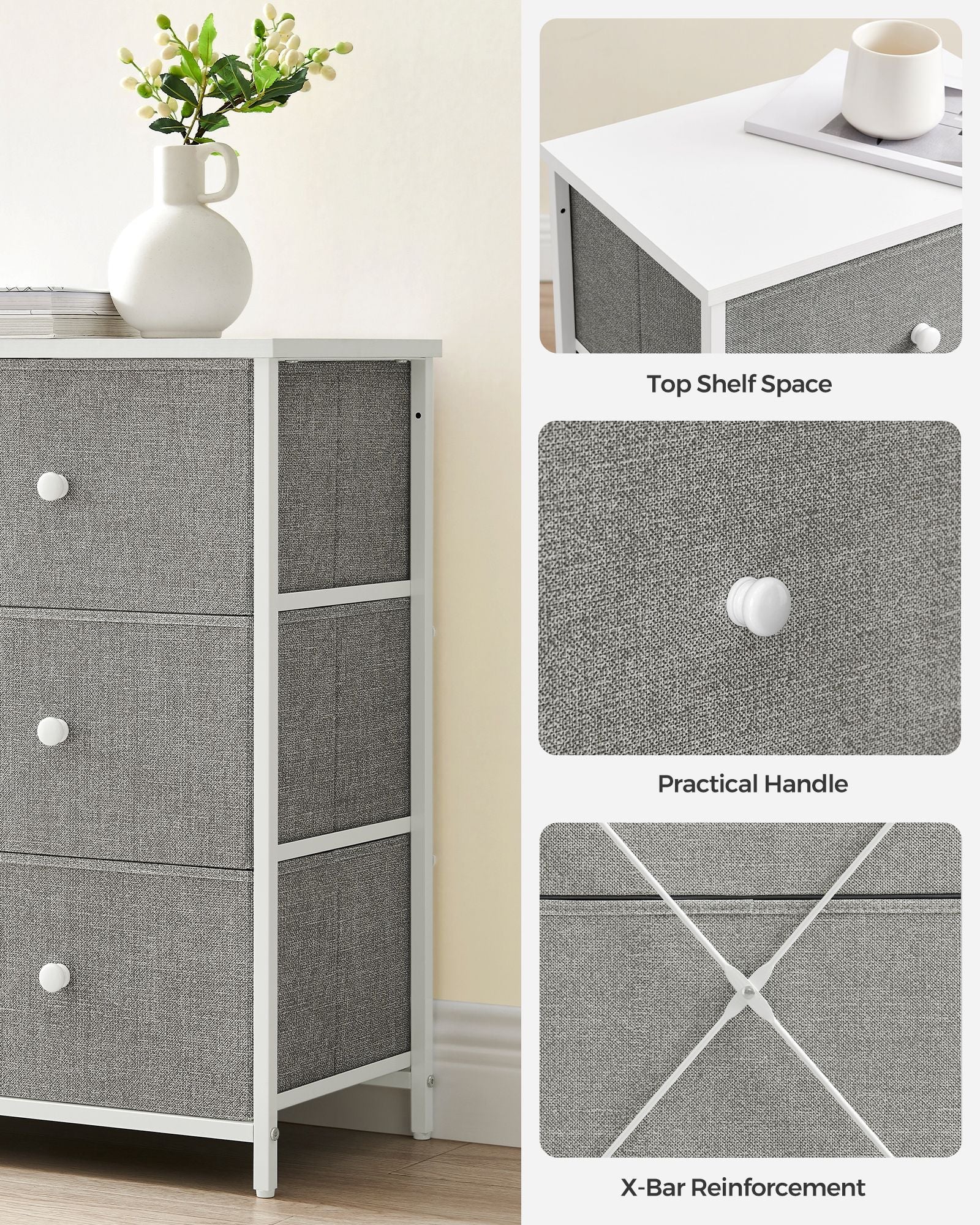 Chest of Drawers – Fabric and Metal – Light Grey and White – 6 Drawer Storage Organizer with Wooden Front and Top